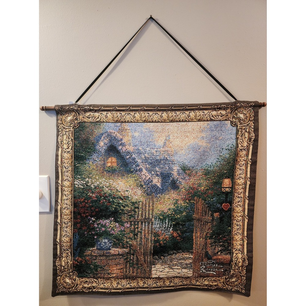 Thomas Kinkade Tapestry Wall Hanging Hidden Cottage Garden with Hanging Rod
